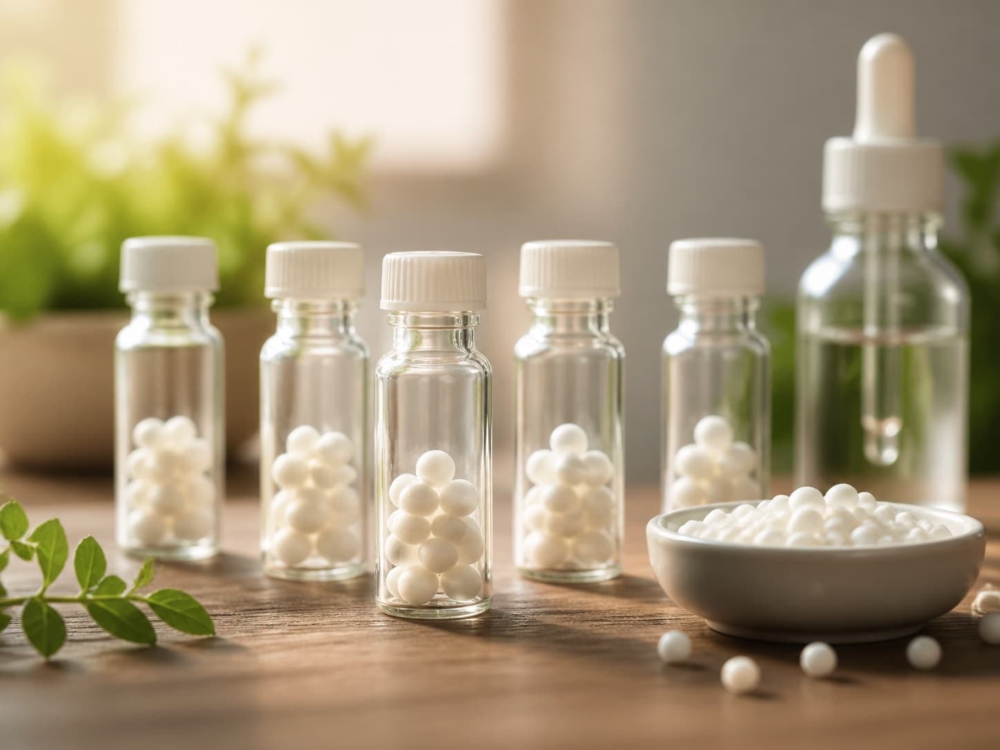 Close-up of homoeopathic remedy vials and globules